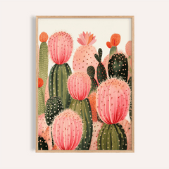 Pink Cactus Print framed print close-up showing pink and green botanical illustration with flower details