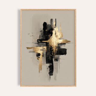Framed Black And Gold Poster with gold and black abstract shapes on a grey background