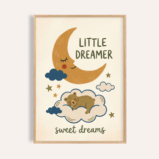 Framed Little Dreamer wall art of a sleeping bear on a cloud with a smiling moon