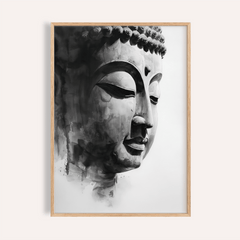 Framed Buddha art print showing a black and white watercolor Buddha face