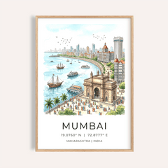 Illustrated Mumbai City Wall Art poster with Gateway of India and boats