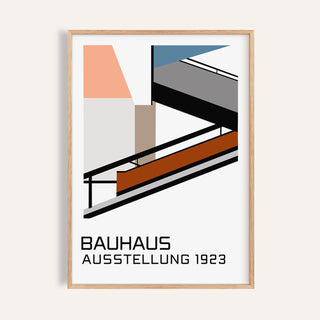 Framed Bauhaus Exhibition Poster 1923 featuring minimalist building shapes in blue grey black and peach
