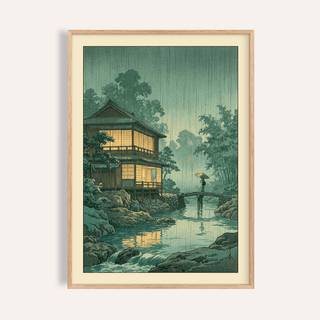 Framed print close-up of Japanese Landscape wall art showing a traditional house in rain with muted green and yellow tones