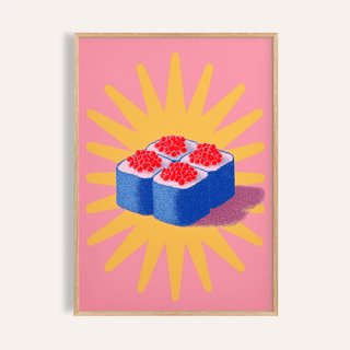 Framed Sushi Poster of four sushi rolls with red roe on a pink and yellow background
