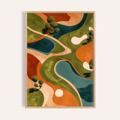Framed Golf Abstract Wall Art with bold green, orange and blue shapes and tree details