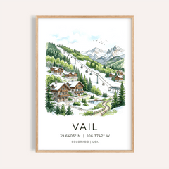 Framed print close-up of Vail Colorado wall art with green trees and mountain village in watercolour style