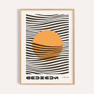 Bauhaus print showing an orange sun with black wavy lines in a minimalist style