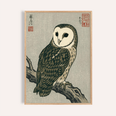 Japanese Owl Art Print in gray, green, and brown for living room wall art