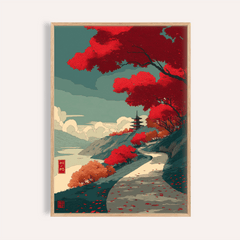 Framed close-up of autumn forest wall art with red maple trees and a winding path