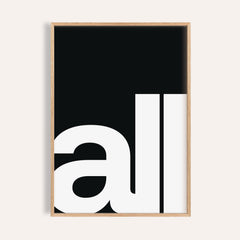 Framed Typography Art Prints showing large white letters 'al' on a black background