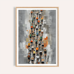 Framed Bicycle Racing Poster showing cyclists riding away with muted grey and orange background