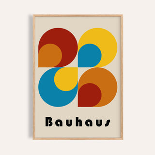 Framed Geometric Prints with Bauhaus style shapes in red yellow and blue on cream background
