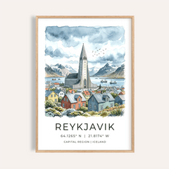Framed Reykjavik Watercolor Art Print of Hallgrimskirkja church with blue sky and colourful houses