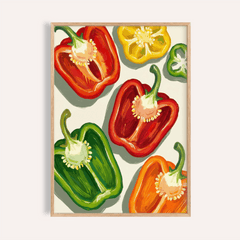 Bell Pepper Art featuring halved red green yellow and orange peppers illustrated in a contemporary style