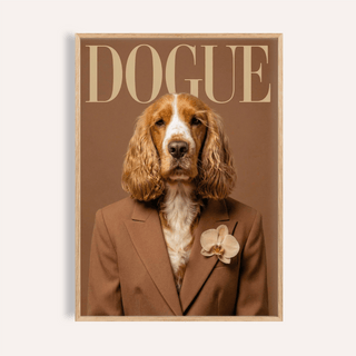 Framed close-up of Modern Dog Print showing a dog in brown suit with a beige flower on the lapel