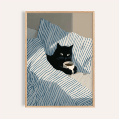 Cat In Bed Poster with blue, white, and black, perfect for bedroom wall art