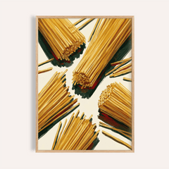 Spaghetti wall art with bundles of dry spaghetti in yellow and brown tones in a wooden frame