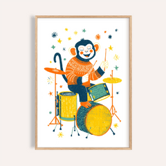 Framed print of Monkey Drummer Art Print with a monkey playing drums in orange yellow and green
