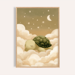 Framed Turtle wall art of a sleeping turtle with cream clouds green shell and a crescent moon