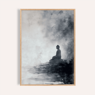 Spiritual Decor Poster with meditating Buddha statue silhouette in mist with monochrome tones