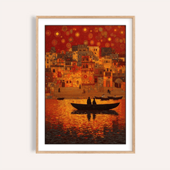 Framed Indian Sunset wall art of dusk riverboats with red and orange reflections