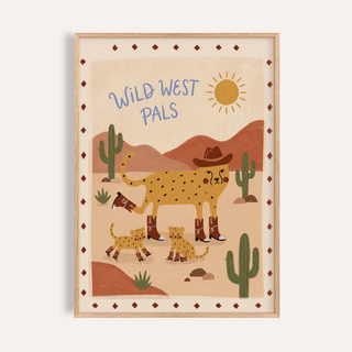 Wild West Animal Art Print framed close-up of a cheetah with boots and hat in warm tones