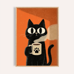 Framed Cat Coffee Mug Print of a black cat holding a coffee mug with paw print on an orange background