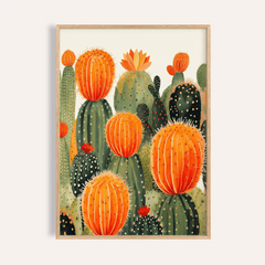 Large Cactus Wall Art framed print close-up showing orange blooming cactuses in contemporary style