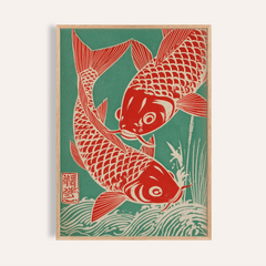 Framed Red Koi Art with two red koi fish and green background in woodblock style