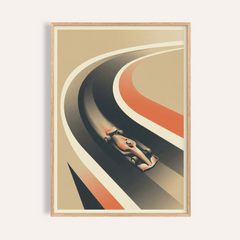 Framed vintage race car poster with a minimalist art-deco styled formula race car in beige and orange shades