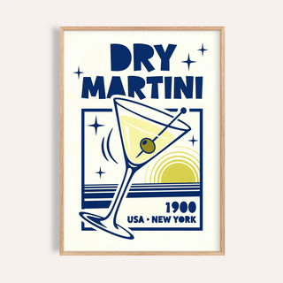 Framed Dry Martini Poster with a blue and yellow martini glass and olive in a minimalist style