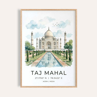 Framed Taj Mahal art print with watercolour illustration of the building and a reflecting pool