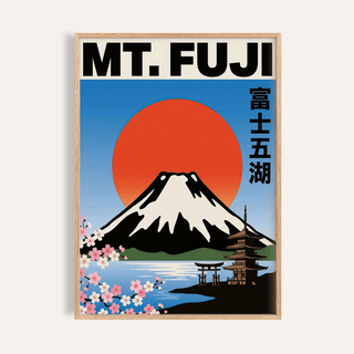 Framed Mt Fuji wall art with a red sun and pink cherry blossoms on a blue sky