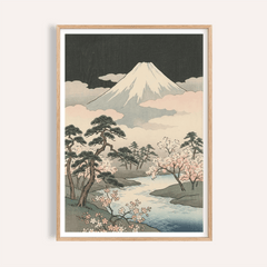 Framed print close-up of Japanese art mountains showing Mount Fuji with pink sakura trees and a blue river