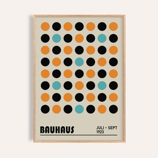 Framed print close-up of Geometric Wall Decor with orange black and muted blue dots and typographic text