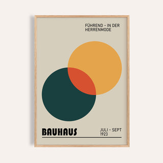 Framed print geometric with overlapping mustard yellow and dark green circles and red intersection in a minimalist style