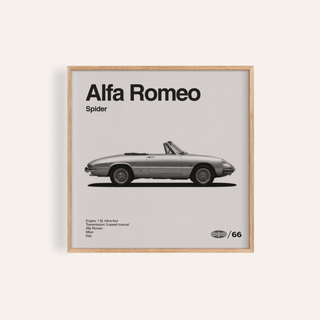Classic Italian Spider Car Poster of a minimalist silver classic convertible car framed in light wood