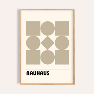 Framed geometric shape art with beige squares and circles in minimalist style and bauhaus text