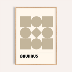 Framed geometric shape art with beige squares and circles in minimalist style and bauhaus text