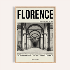 Florence Architecture Print framed close-up of the black and white Uffizi colonnade with typographic details