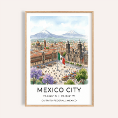Mexico City art print showing an illustrated skyline with a Mexican flag in watercolour style