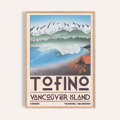 Framed Tofino Landscape Art Print showing a surfer on a wave by a campfire with mountains in the background