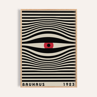 Abstract trippy wall art with swirling black lines and a red eye for a modern office