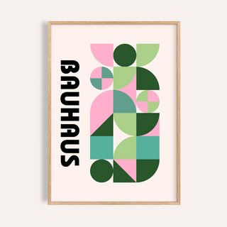 Framed Modern Graphic Print with geometric shapes in pink and green on cream background