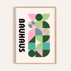 Framed Modern Graphic Print with geometric shapes in pink and green on cream background