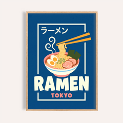Framed Ramen Poster of a bowl of ramen with chopsticks and a blue background
