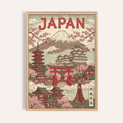Japan Art Print with Green, Pink, Red, and Beige for living room wall art