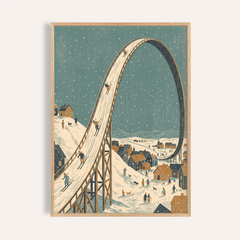 Framed Winter Skiing Art Print of a vintage ski slope loop with skiers and snowy village