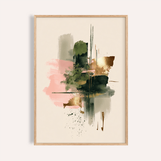 Framed pink and green print with abstract brushstrokes and gold accents