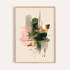 Framed pink and green print with abstract brushstrokes and gold accents